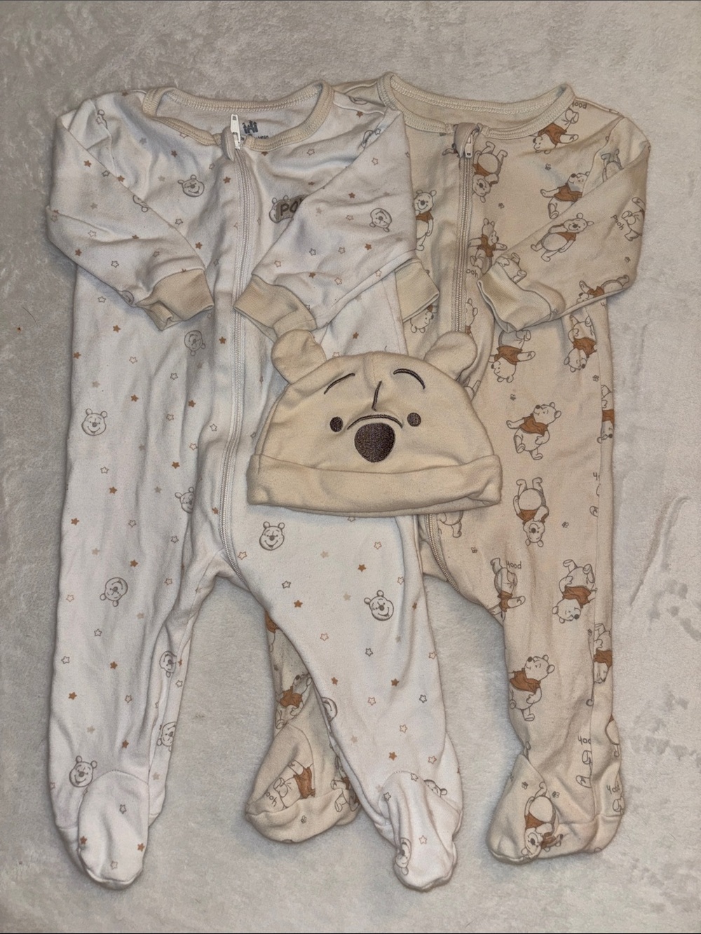Disney Cream & White Winnie The Pooh Footed zip up sleepers with Bear Hat